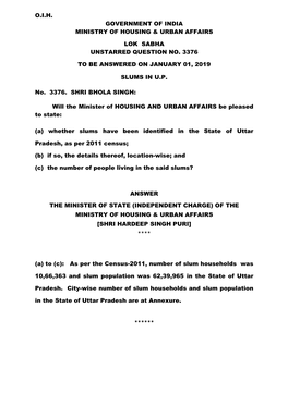 O.I.H. Government of India Ministry of Housing & Urban Affairs Lok Sabha Unstarred Question No. 3376 to Be Answered On
