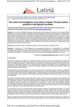 PDF – Creative Commons DOI: 10.4185/RLCS-65-2010-916-516-537-EN – ISSN 1138 - 5820 – RLCS # 65 – 2010 the Crisis of Investigative Journalism in Spain
