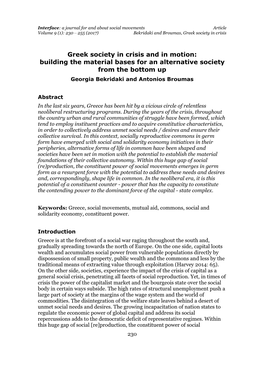 Greek Society in Crisis and in Motion: Building the Material Bases for an Alternative Society from the Bottom up Georgia Bekridaki and Antonios Broumas