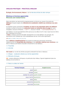 Minéraux Et Termes Apparentés Minerals and Related Terms