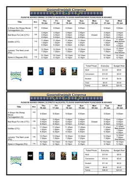 Please Be Advised Cinema 2 Is Strictly Allocated, to Avoid Disappointment Please Book in Advance