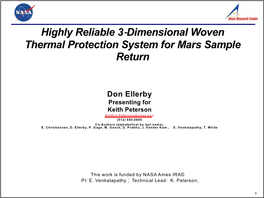 Highly Reliable 3-Dimensional Woven Thermal Protection System for Mars Sample Return