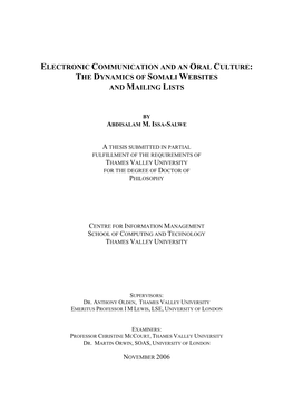 Electronic Communication and an Oral Culture: the Dynamics of Somali Websites and Mailing Lists