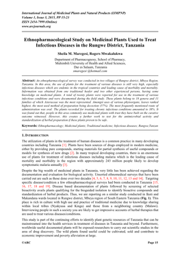 Ethnopharmacological Study on Medicinal Plants Used to Treat Infectious Diseases in the Rungwe District, Tanzania