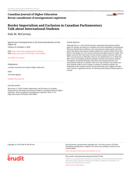 Border Imperialism and Exclusion in Canadian Parliamentary Talk About International Students Dale M