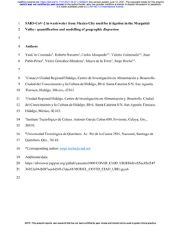 SARS-Cov-2 in Wastewater from Mexico City Used for Irrigation in the Mezquital 2 Valley: Quantification and Modelling of Geographic Dispersion