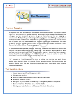 Program Overview Training Objectives Time Management