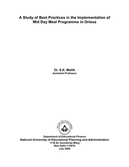 A Study of Best Practices in the Implementation of Mid Day Meal Programme in Orissa