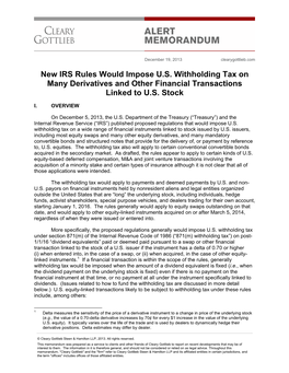 New IRS Rules Would Impose U.S. Withholding Tax on Many Derivatives and Other Financial Transactions Linked to U.S