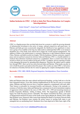 Indian Inclusion in CPEC: a Path to Indo-Pak Threat Reduction Via Complex Interdependence