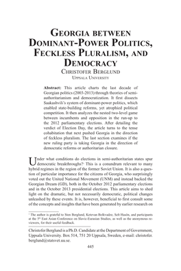 Georgia Between Dominant-Power Politics, Feckless Pluralism, and Democracy Christofer Berglund Uppsala University