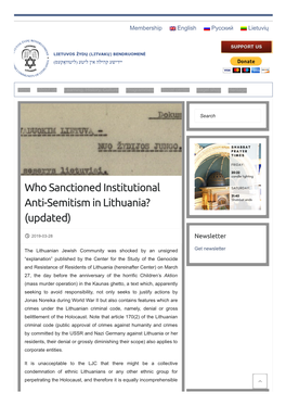 Who Sanctioned Institutional Anti-Semitism in Lithuania? (Updated)