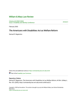 The Americans with Disabilities Act As Welfare Reform