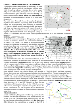 CONSTELLATION TRIANGULUM, the TRIANGLE Triangulum Is a Small Constellation in the Northern Sky