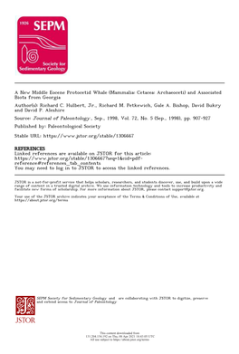 A New Middle Eocene Protocetid Whale (Mammalia: Cetacea: Archaeoceti) and Associated Biota from Georgia Author(S): Richard C