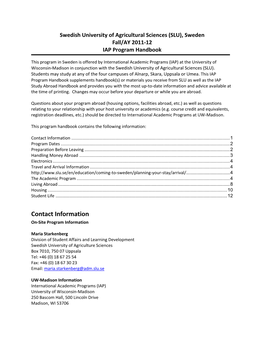 (SLU), Sweden Fall/AY 2011-12 IAP Program Handbook