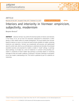 Interiors and Interiority in Vermeer: Empiricism, Subjectivity, Modernism