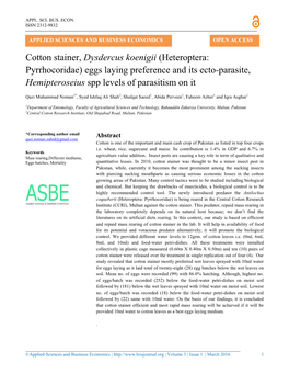 Cotton Stainer, Dysdercus Koenigii (Heteroptera: Pyrrhocoridae) Eggs Laying Preference and Its Ecto-Parasite, Hemipteroseius Spp Levels of Parasitism on It