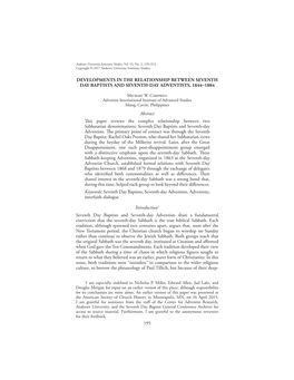 Developments in the Relationship Between Seventh Day Baptists and Seventh-Day Adventists, 1844Â•Fi1884