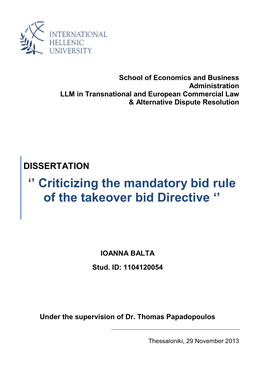 '' Criticizing the Mandatory Bid Rule of the Takeover Bid Directive ''