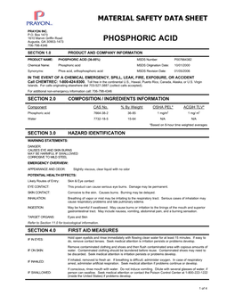 Phosphoric Acid 706-798-4346 Section 1.0 Product and Company Information