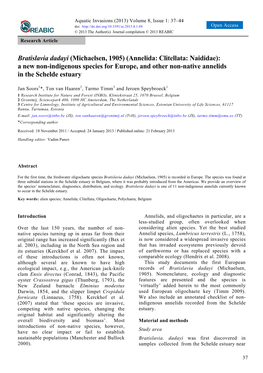 Annelida: Clitellata: Naididae): a New Non-Indigenous Species for Europe, and Other Non-Native Annelids in the Schelde Estuary