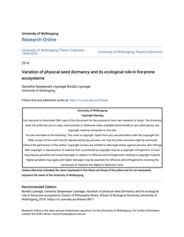 Variation of Physical Seed Dormancy and Its Ecological Role in Fire-Prone Ecosystems