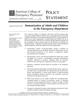 Immunization of Adults and Children in the Emergency Department