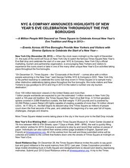 Nyc & Company Announces Highlights of New Year's Eve Celebration Throuhgout the Five Boroughs