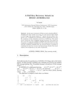 A Full Key Recovery Attack on HMAC-AURORA-512