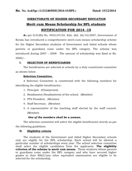 Merit Cum Means Scholarship for BPL Students NOTIFICATION for 2014 -15 As Per G.O.(Rt) No
