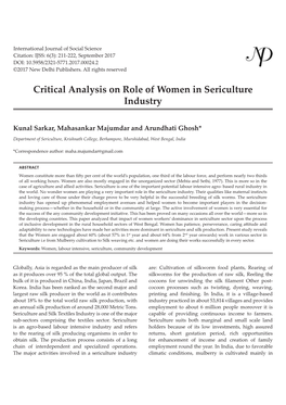 Critical Analysis on Role of Women in Sericulture Industry