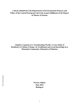 A Thesis Submitted to the Department of Environmental Sciences and Policy of the Central European University in Part Fulfilment of the Degree of Master of Science