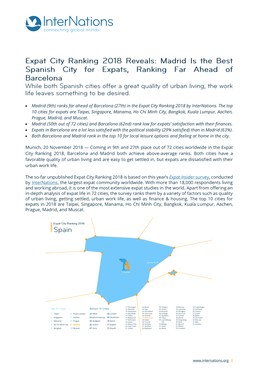 • Madrid (9Th) Ranks Far Ahead of Barcelona (27Th) in the Expat City Ranking 2018 by Internations