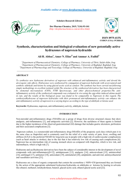 Synthesis, Characterization and Biological Evaluation of New Potentially Active Hydrazones of Naproxen Hydrazide