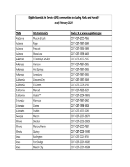Essential Air Service (EAS) Communities (Excluding Alaska and Hawaii)* As of February 2020