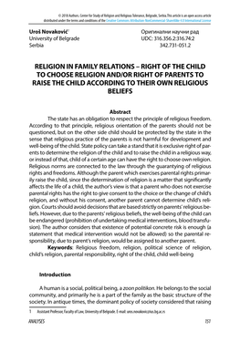 Religion in Family Relations – Right of the Child to Choose Religion And/Or Right of Parents to Raise the Child According to Their Own Religious Beliefs