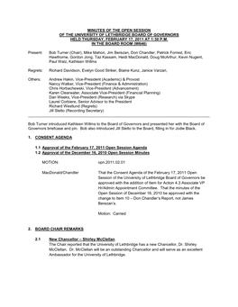 Minutes of the Open Session of the University of Lethbridge Board of Governors Held Thursday, February 17, 2011 at 1:30 P.M