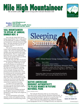 Mile High Mountaineer the Newsletter of the Denver Group of the Colorado Mountain Club