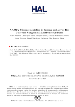 A COLQ Missense Mutation in Sphynx and Devon Rex Cats With
