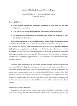 Lesson 1: the Single Electron Atom: Hydrogen