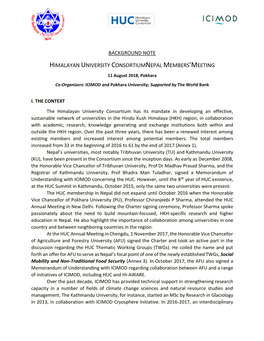 HIMALAYAN UNIVERSITY CONSORTIUMNEPAL MEMBERS’MEETING 11 August 2018, Pokhara Co-Organizers: ICIMOD and Pokhara University; Supported by the World Bank