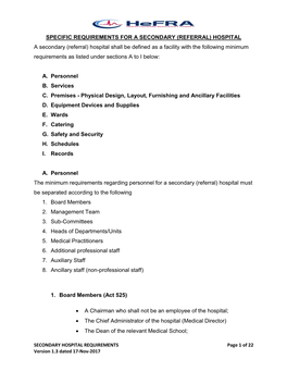 Specific Requirements for a Secondary (Referral) Hospital