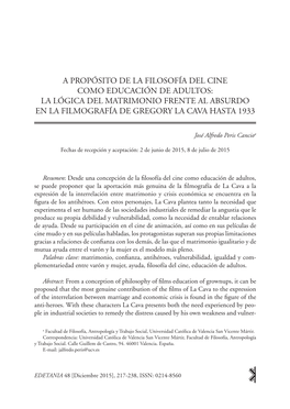 A Propósito De La Filosofía Del Cine Como Educación De Adultos: La Lógica Del Matrimonio Frente Al Absurdo En La Filmografía De Gregory La Cava Hasta 1933