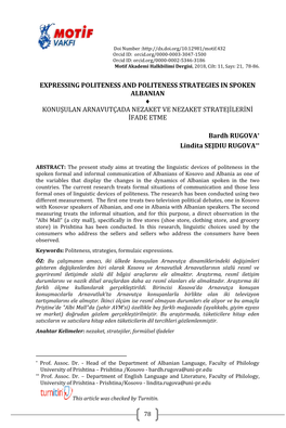 Expressing Politeness and Politeness Strategies in Spoken Albanian Konuşulan Arnavutçada Nezaket Ve Nezaket Stratejileri