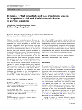 Preference for High Concentrations of Plant Pyrrolizidine Alkaloids in the Specialist Arctiid Moth Utetheisa Ornatrix Depends on Previous Experience