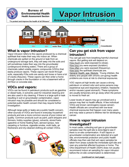 Vapor Intrusion? Can You Get Sick from Vapor Vapor Intrusion Refers to the Vapors Produced by a Chemical Intrusion? Spill/Leak That Make Their Way Into Indoor Air