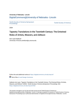 Tapestry Translations in the Twentieth Century: the Entwined Roles of Artists, Weavers, and Editeurs