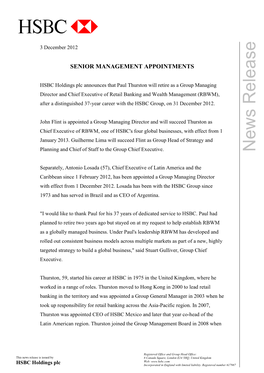 HSBC Holdings Plc Senior Management Appointments