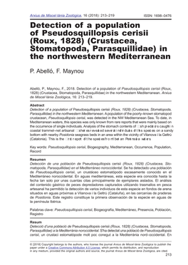 Detection of a Population of Pseudosquillopsis Cerisii (Roux, 1828) (Crustacea, Stomatopoda, Parasquillidae) in the Northwestern Mediterranean